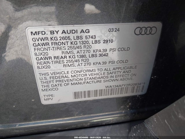 45240495 :رقم المزاد ، WA134AFY2R2083415 vin ، 2024 Audi Sq5 Sportback Prestige Tfsi Quattro Tiptronic مزاد بيع