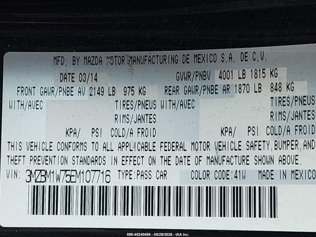 2014 Mazda Mazda3 I Grand Touring მანქანა იყიდება აუქციონზე, vin: 3MZBM1W75EM107716, აუქციონის ნომერი: 45240498