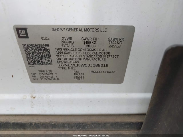 Продаж на аукціоні авто 2018 Chevrolet Traverse 1fl, vin: 1GNEVLKW5JJ188219, номер лоту: 45240510