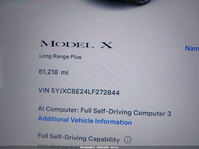 Aukcja sprzedaży 2020 Tesla Model X Long Range Dual Motor All-wheel Drive/long Range Plus Dual Motor All-wheel Drive, vin: 5YJXCBE24LF272844, numer aukcji: 45240512