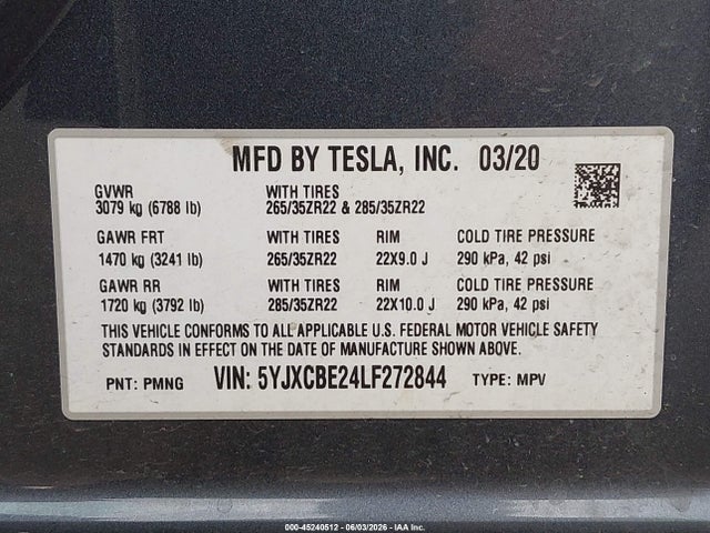 Aukcja sprzedaży 2020 Tesla Model X Long Range Dual Motor All-wheel Drive/long Range Plus Dual Motor All-wheel Drive, vin: 5YJXCBE24LF272844, numer aukcji: 45240512