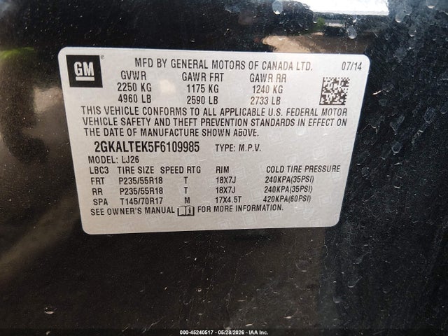 Aukcja sprzedaży 2015 Gmc Terrain Slt-2, vin: 2GKALTEK5F6109985, numer aukcji: 45240517