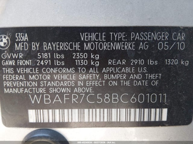 45240534 :رقم المزاد ، WBAFR7C58BC601011 vin ، 2011 Bmw 535i مزاد بيع