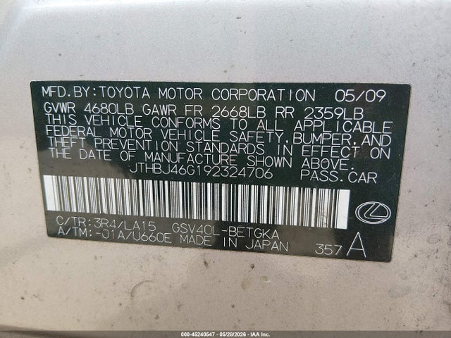 45240547 :رقم المزاد ، JTHBJ46G192324706 vin ، 2009 Lexus Es 350 مزاد بيع