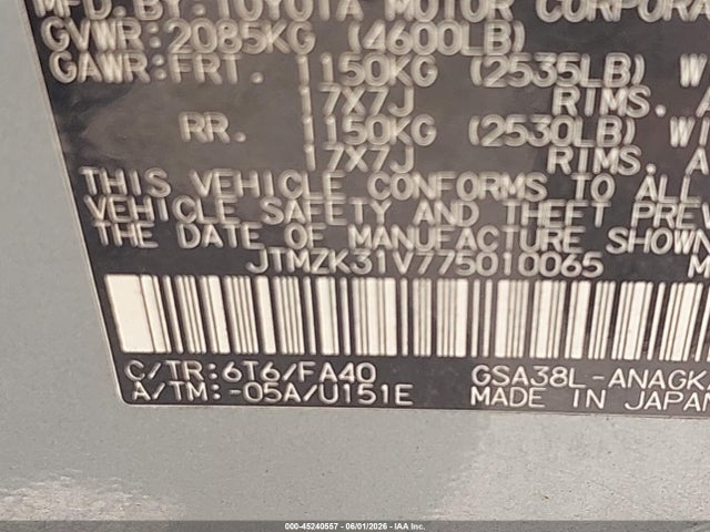 45240557 :رقم المزاد ، JTMZK31V775010065 vin ، 2007 Toyota Rav4 Limited V6 مزاد بيع