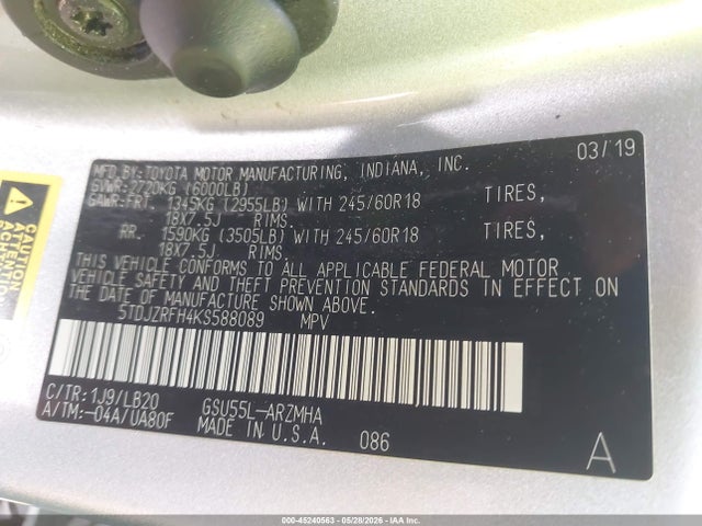 Toyota Highlander Xle 2019 5TDJZRFH4KS588089 Image 9