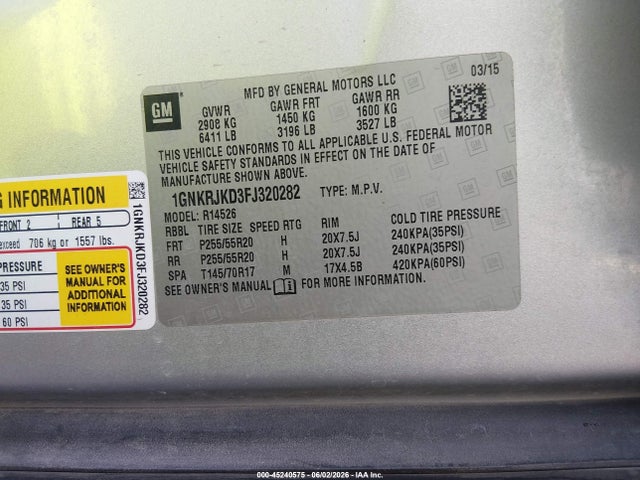 Aukcja sprzedaży 2015 Chevrolet Traverse Ltz, vin: 1GNKRJKD3FJ320282, numer aukcji: 45240575