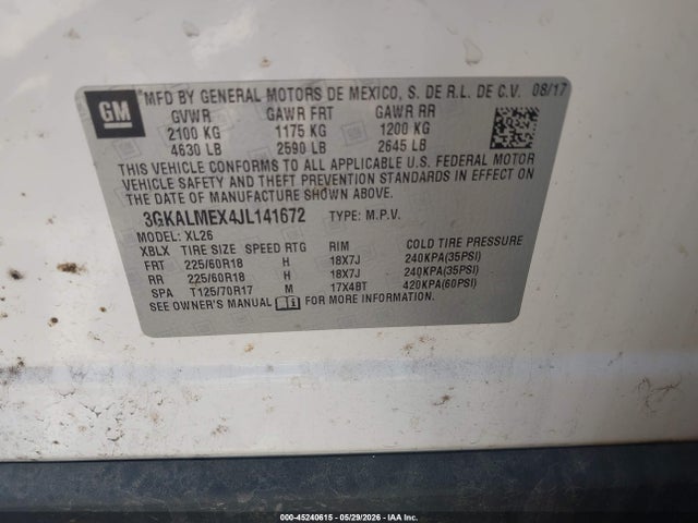 2018 Gmc Terrain Sle მანქანა იყიდება აუქციონზე, vin: 3GKALMEX4JL141672, აუქციონის ნომერი: 45240615