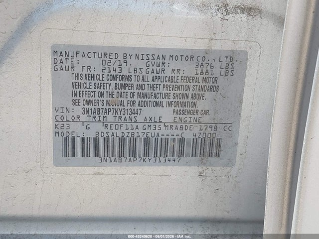 45240620 :رقم المزاد ، 3N1AB7AP7KY313447 vin ، 2019 Nissan Sentra Sv مزاد بيع