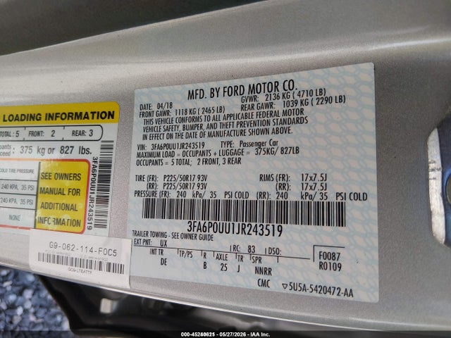 45240621 :رقم المزاد ، 3FA6P0UU1JR243519 vin ، 2018 Ford Fusion Hybrid S مزاد بيع