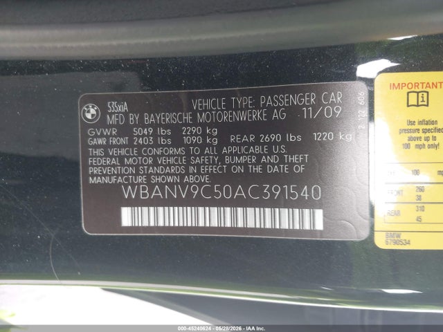 2010 Bmw 535i Xdrive მანქანა იყიდება აუქციონზე, vin: WBANV9C50AC391540, აუქციონის ნომერი: 45240624