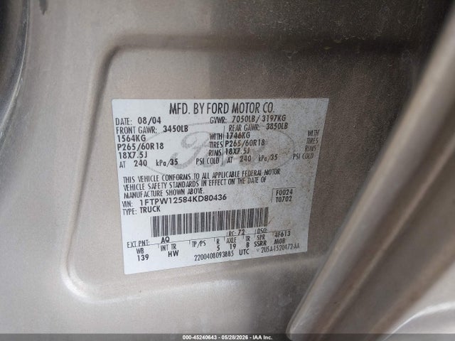 45240643 :رقم المزاد ، 1FTPW12584KD80436 vin ، 2004 Ford F-150 Lariat/xlt مزاد بيع