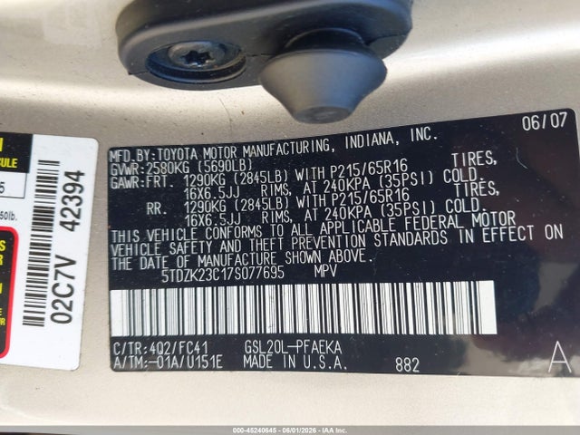 45240645 :رقم المزاد ، 5TDZK23C17S077695 vin ، 2007 Toyota Sienna Le مزاد بيع