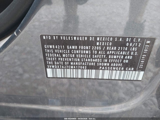 45240650 :رقم المزاد ، 3VWDX7AJ7CM417062 vin ، 2012 Volkswagen Jetta 2.5l Se مزاد بيع