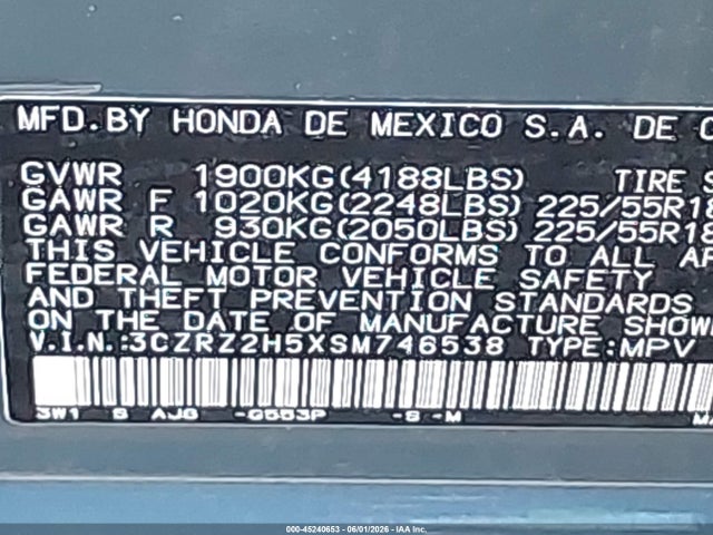 Продажа на аукционе авто 2025 Honda Hr-v Awd Sport, vin: 3CZRZ2H5XSM746538, номер лота: 45240653