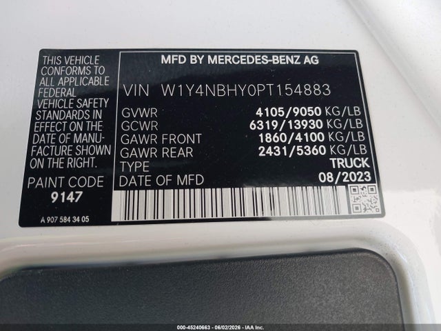 2023 Mercedes-benz Sprinter 2500 Standard Roof 4-cyl Diesel Ho მანქანა იყიდება აუქციონზე, vin: W1Y4NBHY0PT154883, აუქციონის ნომერი: 45240663