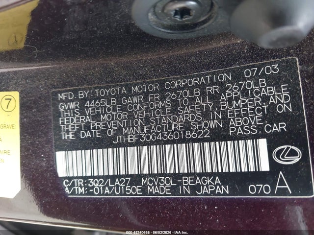 Продаж на аукціоні авто 2003 Lexus Es 300, vin: JTHBF30G436018622, номер лоту: 45240666