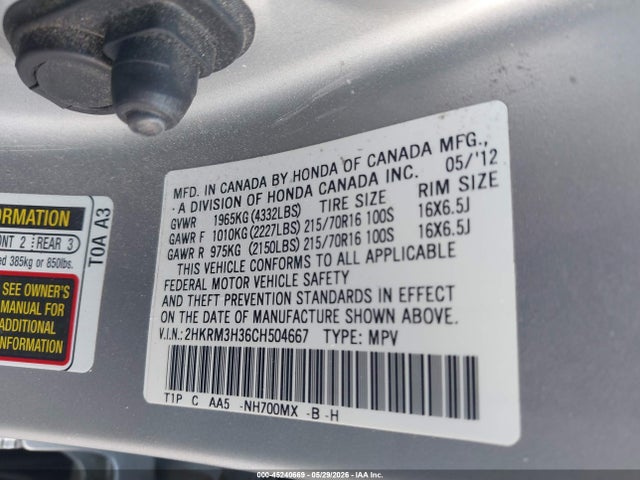 45240669 :رقم المزاد ، 2HKRM3H36CH504667 vin ، 2012 Honda Cr-v Lx مزاد بيع