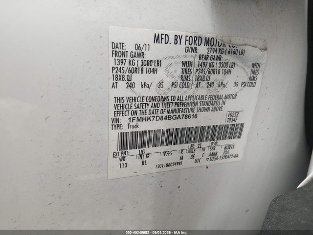 Продажа на аукционе авто 2011 Ford Explorer Xlt, vin: 1FMHK7D84BGA78616, номер лота: 45240682