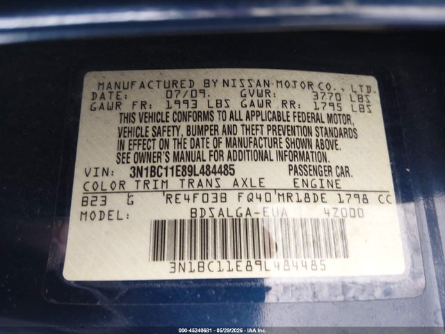 45240681 :رقم المزاد ، 3N1BC11E89L484485 vin ، 2009 Nissan Versa 1.8sl مزاد بيع