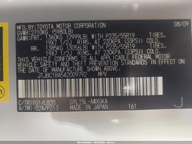 45240684 :رقم المزاد ، JTJBC1BA5A2009792 vin ، 2010 Lexus Rx 450h مزاد بيع