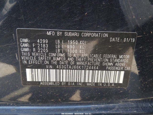 Aukcja sprzedaży 2019 Subaru Impreza 2.0i Sport, vin: 4S3GTAJ66K1724464, numer aukcji: 45240685