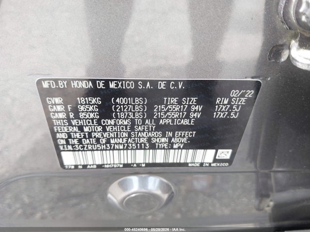 Aukcja sprzedaży 2022 Honda Hr-v 2wd Lx, vin: 3CZRU5H37NM735113, numer aukcji: 45240696