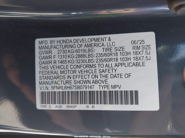 5FNRL6H67SB079147 Honda Odyssey Ex-l