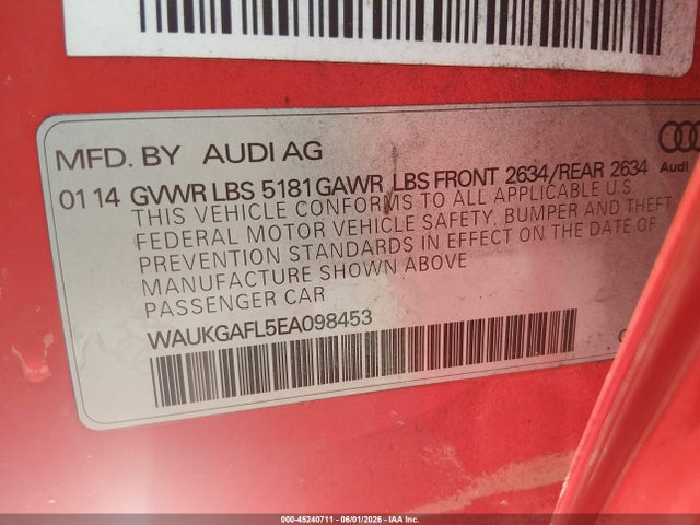 2014 Audi S4 3.0t Premium Plus მანქანა იყიდება აუქციონზე, vin: WAUKGAFL5EA098453, აუქციონის ნომერი: 45240711