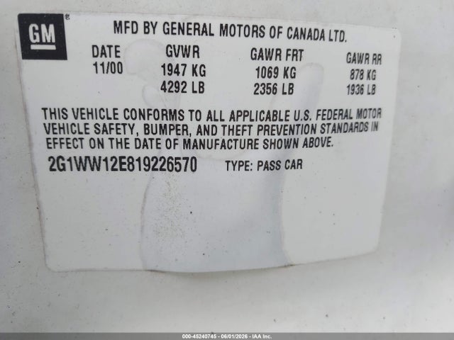 Продаж на аукціоні авто 2001 Chevrolet Monte Carlo Ls, vin: 2G1WW12E819226570, номер лоту: 45240745