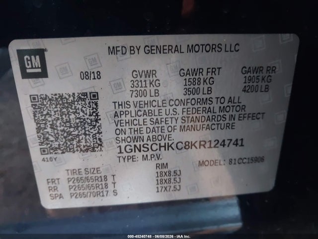 1GNSCHKC8KR124741 Chevrolet Suburban Lt