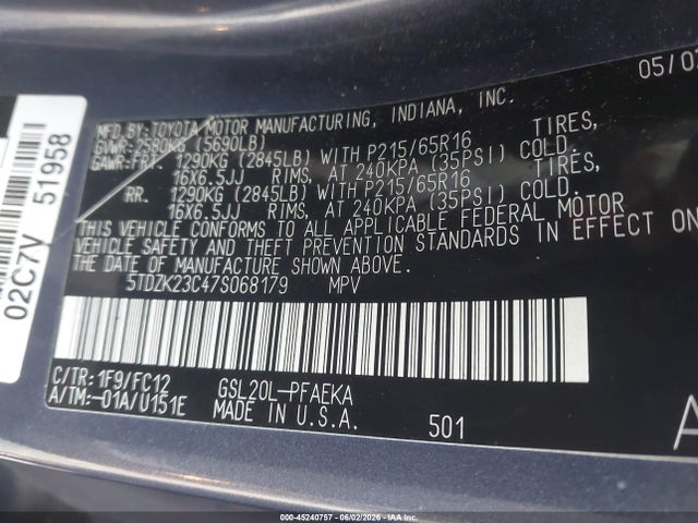 2007 Toyota Sienna Le მანქანა იყიდება აუქციონზე, vin: 5TDZK23C47S068179, აუქციონის ნომერი: 45240757