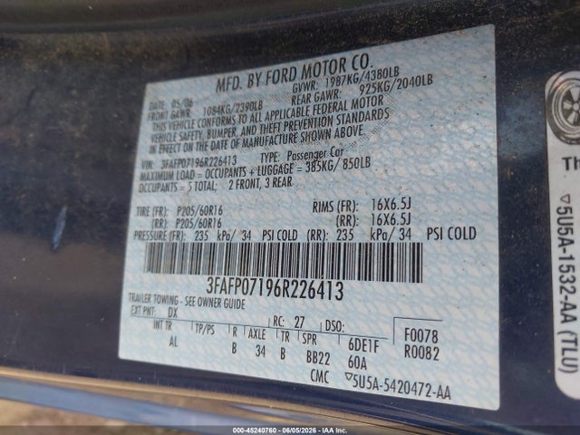 Aukcja sprzedaży 2006 Ford Fusion Se, vin: 3FAFP07196R226413, numer aukcji: 45240760