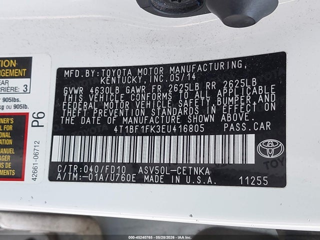 Продажа на аукционе авто 2014 Toyota Camry Le, vin: 4T1BF1FK3EU416805, номер лота: 45240765