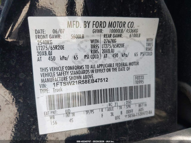 45240767 :رقم المزاد ، 1FTSW21R58EB47512 vin ، 2008 Ford F-250 Fx4/harley-davidson/king Ranch/lariat/xl/xlt مزاد بيع