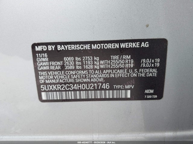 45240777 :رقم المزاد ، 5UXKR2C34H0U21746 vin ، 2017 Bmw X5 Sdrive35i مزاد بيع