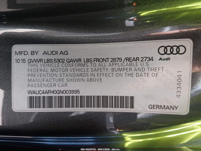 2016 Audi S5 3.0t Premium Plus მანქანა იყიდება აუქციონზე, vin: WAUC4AFH0GN003995, აუქციონის ნომერი: 45240783