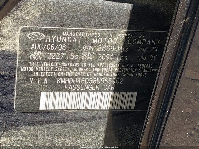45240792 :رقم المزاد ، KMHDU46D38U565902 vin ، 2008 Hyundai Elantra Gls/se مزاد بيع