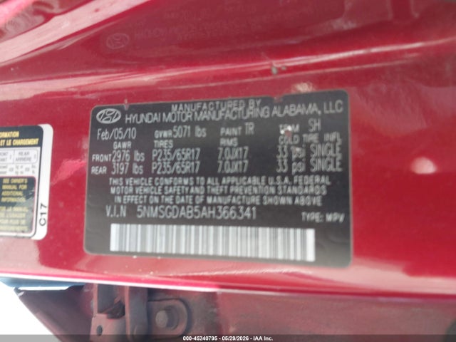 45240795 :رقم المزاد ، 5NMSGDAB5AH366341 vin ، 2010 Hyundai Santa Fe Gls مزاد بيع