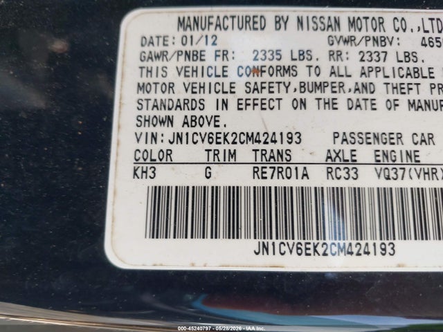 Продажа на аукционе авто 2012 Infiniti G37 Journey, vin: JN1CV6EK2CM424193, номер лота: 45240797