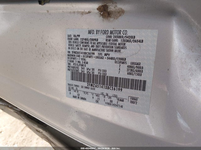 1999 Ford Windstar Lx მანქანა იყიდება აუქციონზე, vin: 2FMZA5141XBC56199, აუქციონის ნომერი: 45240837