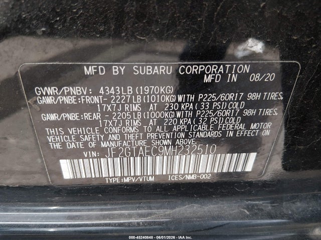 Aukcja sprzedaży 2021 Subaru Crosstrek Premium, vin: JF2GTAEC9MH232510, numer aukcji: 45240848