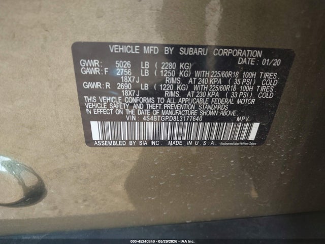 Продаж на аукціоні авто 2020 Subaru Outback Touring Xt, vin: 4S4BTGPD8L3177640, номер лоту: 45240849