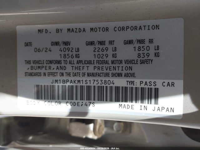 Aukcja sprzedaży 2025 Mazda Mazda3 2.5 S Select Sport, vin: JM1BPAKM1S1753804, numer aukcji: 45240854