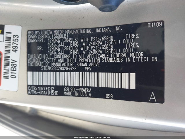 Aukcja sprzedaży 2009 Toyota Sienna Le, vin: 5TDZK23C29S284423, numer aukcji: 45240856