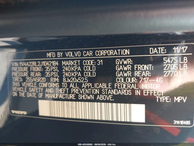 YV4A22RL2J1042184 Volvo Xc60 T6 Inscription