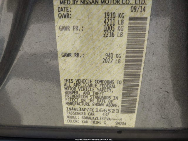 Продажа на аукционе авто 2015 Nissan Altima 2.5 Sv, vin: 1N4AL3AP7FC166523, номер лота: 45240876