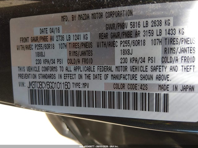2016 Mazda Cx-9 Touring მანქანა იყიდება აუქციონზე, vin: JM3TCBCY6G0101160, აუქციონის ნომერი: 45240877