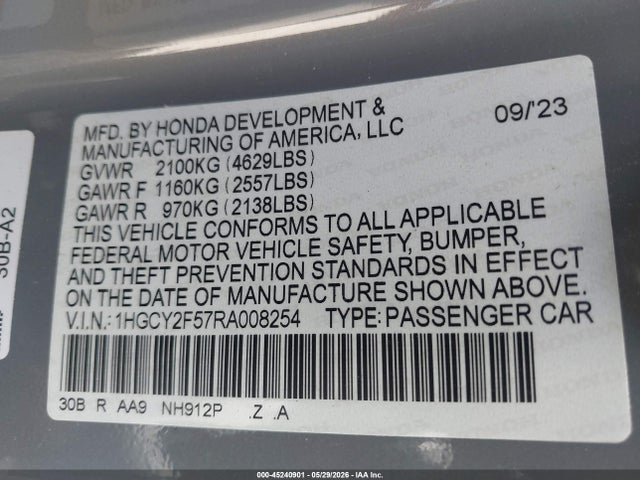 1HGCY2F57RA008254 Honda Accord Hybrid Sport