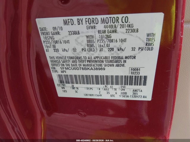 45240902 :رقم المزاد ، 1FMCU0D78BKA38989 vin ، 2011 Ford Escape Xlt مزاد بيع